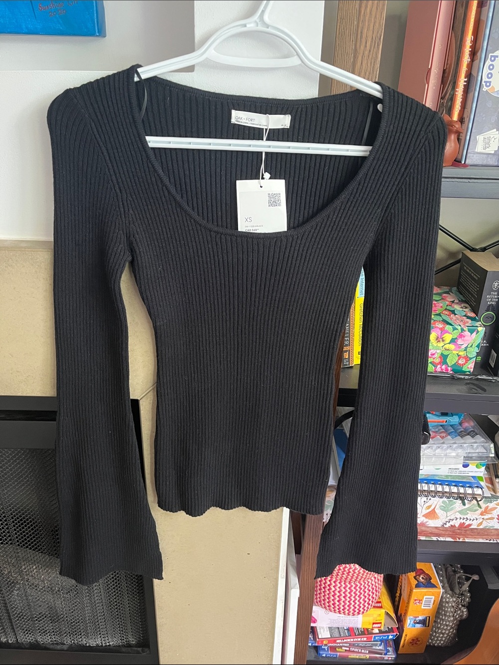 NWT OAK + FORT Black Ribbed Scoop Neck Top With Flared Sleeves